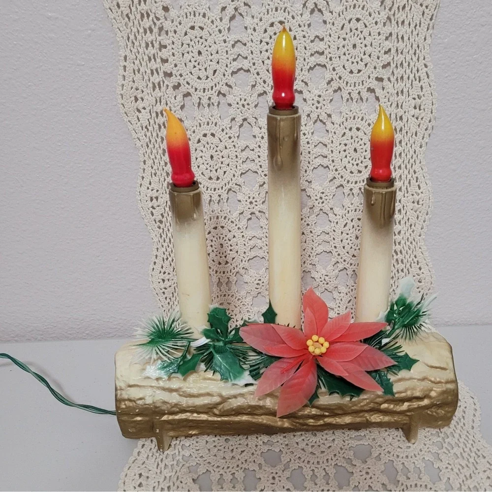 Vtg Christmas Electric Log & Candles Union Blow Mold w/ Flame Bulbs Centerpiece